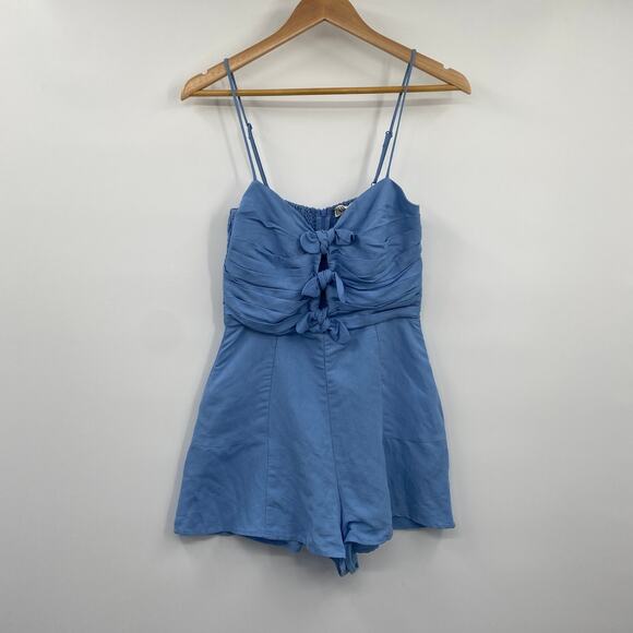 Zara Cut Out Bow Front Romper Linen Blend Chambray Blue Blogger Fave Womens S - Picture 4 of 12